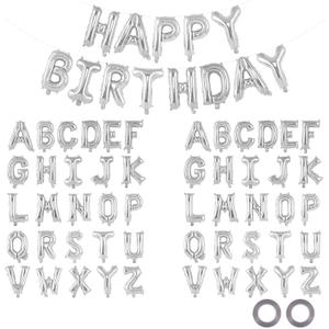 65 Pcs Silver Happy Birthday Balloons and 2 Sets A-Z Letters Foil Balloons, 16 Inch Personalized Name Happy Birthday Banners for Wedding Baby Shower Anniversary Party Decorations (Silver)