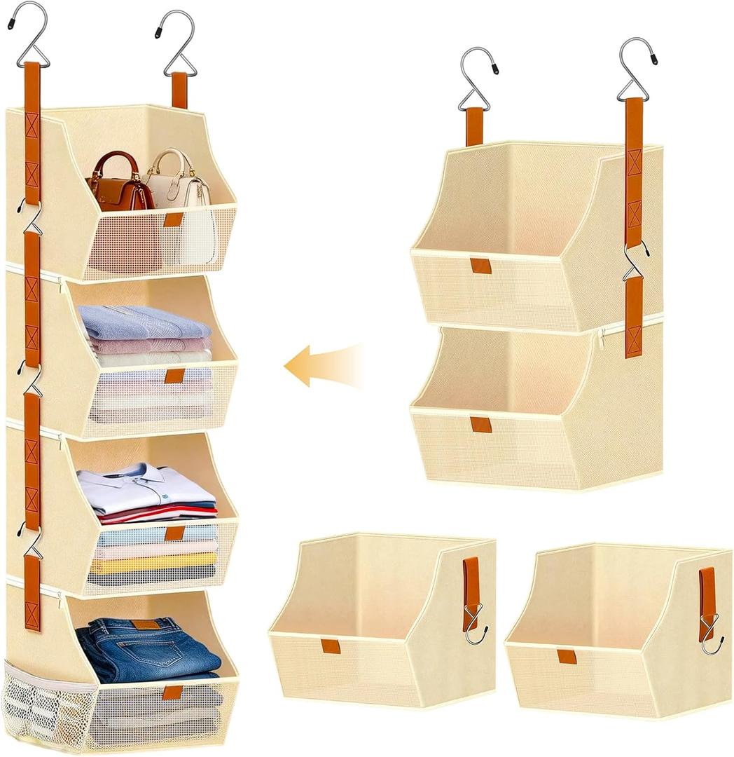 Fabric Hanging Closet Organizer Heavy Duty Shelf Hanging Storage Towel Clothes Sweater Jeans Bag Organizer For Closet For Bedroom,Dorm,RV,See Through Front Panel, Space-Saving (Beige-4Tier)