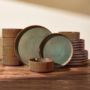 Dinnerware Set for 6, Ceramic Ribbed Plates, Bowls, Dishes | 18-Piece Stoneware Dinner Sets, Handmade Reactive Glaze, Microwave & Dishwasher Safe, Chip & Scratch Resistant, Green & Brown