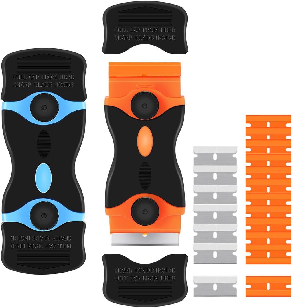 2PACK Razor Blade Scraper, 2-in-1 Scraper Tool with 12Pcs Plastic Blades and 7Pcs Metal Blades, Multi-Purpose Cleaning Razor Scraper for Decals, Stickers, Labels, Caulk, Adhesive, Paint Removal