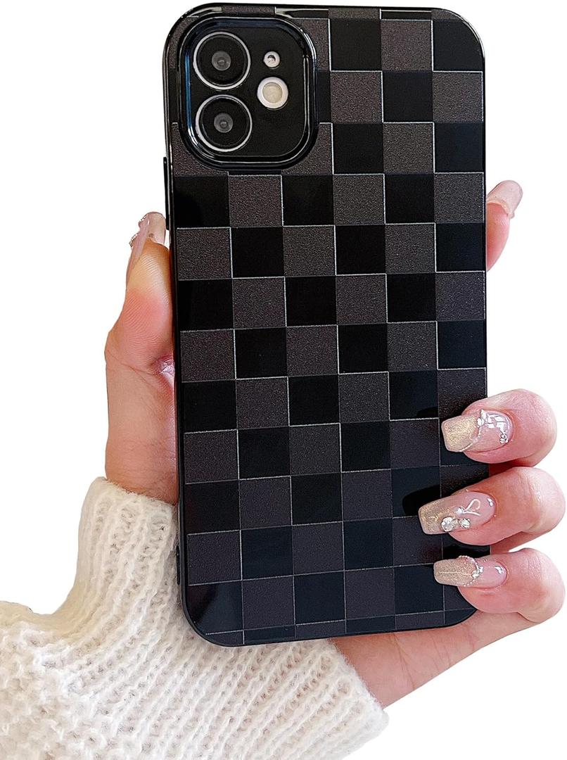 Compatible with iPhone 11 Case,Cute Checkerboard Checkered Cream Silicone Pattern for Women Girl Trendy Slim Fit,TPU Silicone Shockproof Full Camera Protection Cover-Black