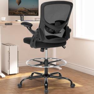 Drafting Chair, Ergonomic Standing Desk Chair with Flip-up Armrests, Tall Office Chair for Standing Desk, Counter Height Office Chairs with Footrest and Adjustable Lumbar Support, Black