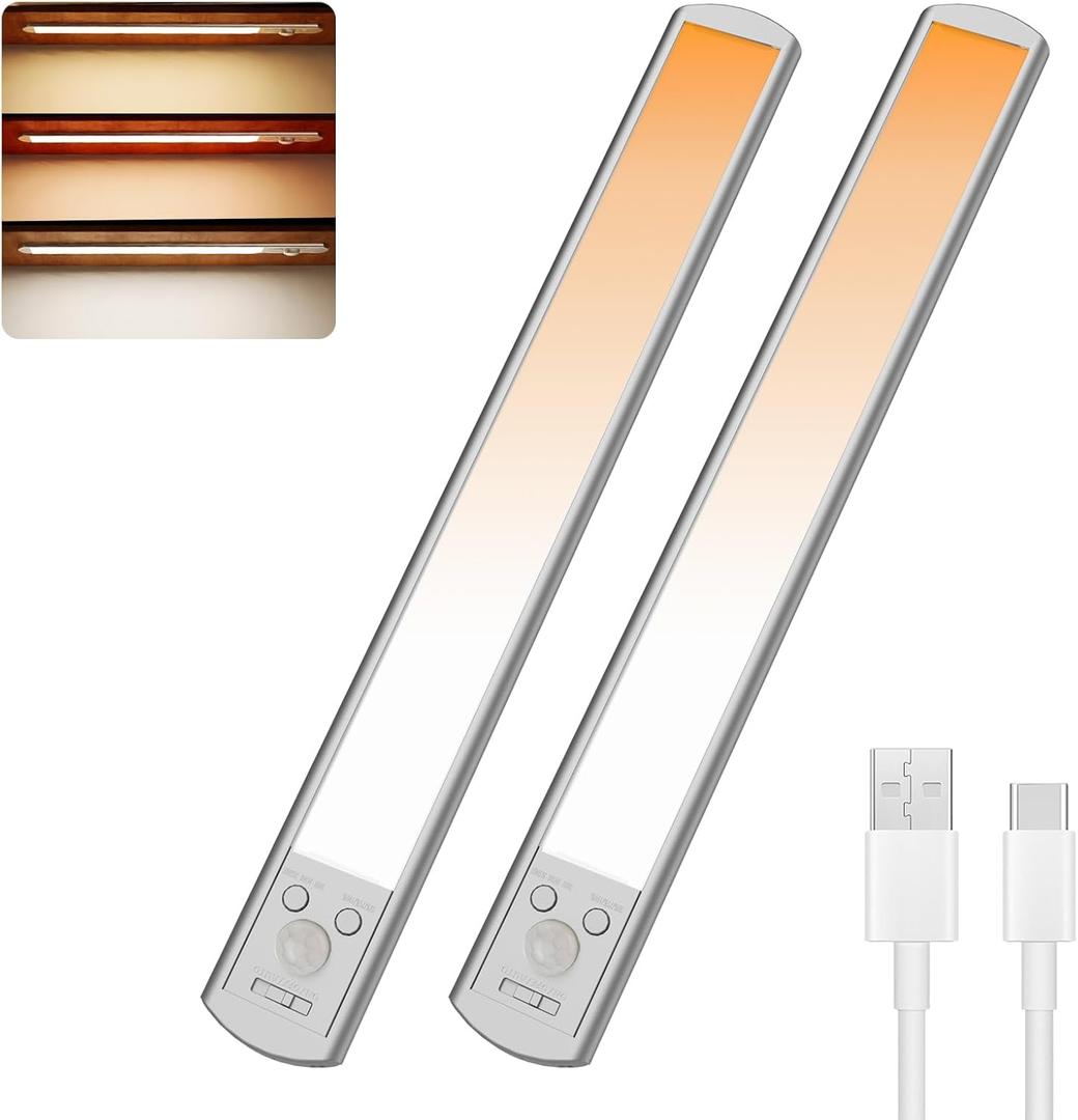 palaro Under Cabinet Lights, 15.7 Inch Motion Sensor Light Indoor, 126 LED Closet Lights, 2200 mAh Rechargeable Under Cabinet Lighting for Under Counter, Cupboard, Pantry (2 Pack (Silver-3 Color Temperatures)