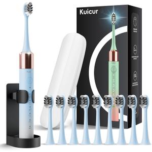 Sonic Electric Toothbrush for Adults and Kids, Comes with 10 Brush Heads & Travel Case, 5 Modes with 2 Minutes Built in Smart Timer, One Charge for 90 Days, 42,000 VPM Motor (Blue and White)