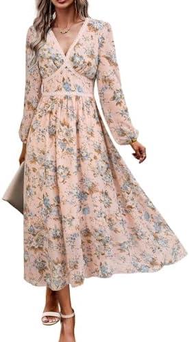 Women's Spring Wrap Maxi Dress Floral V Neck Long Sleeve Wedding Guest Party Casual Chiffon Dress, XL