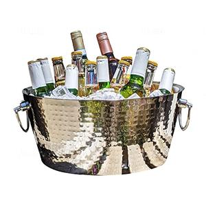 Hammered Stainless-Steel Beverage Tub, Double-Walled Insulated Anchored Drink Tub & Ice Bucket with Double Hinged Handles, Drink Chiller for Parties, 12 Quarts