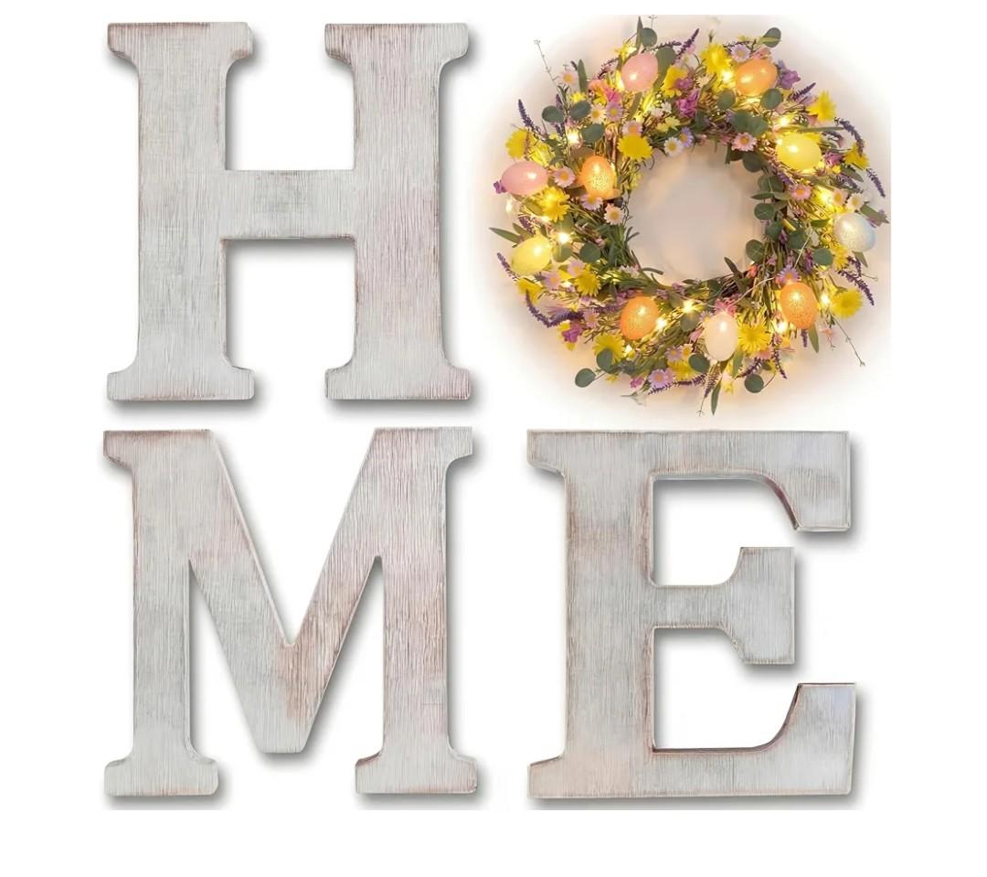 Novabright 18" Lighted Easter Home Sign Wall Decor, 4 Pcs Extra Large 15.7" Wood HOME Letters with Easter Egg Wreath for O, Farmhouse Wall Art for Entryway Mantel Spring Indoor Decorations Gift