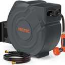 NEOTEC Retractable Garden Hose Reel 5/8 inch x 90ft - Wall Mounted Heavy Duty Hose Reel with 3/4 Inch Brass Fittings & 9-Pattern Nozzle - Auto Rewind System, Any Length Lock, 180 Swivel Bracket