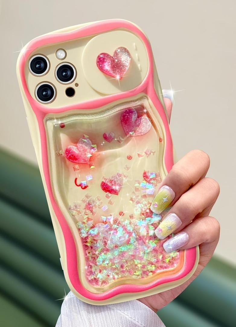Toycamp for iPhone 15 Pro Max Case - Women Girls Cute Phone Cover Hearts with Sliding Camera Cover Glitter Fashion Teens Girly Pretty Design Flowing Liquid Quicksand Case for iPhone 15 Pro Max 6.7 "
