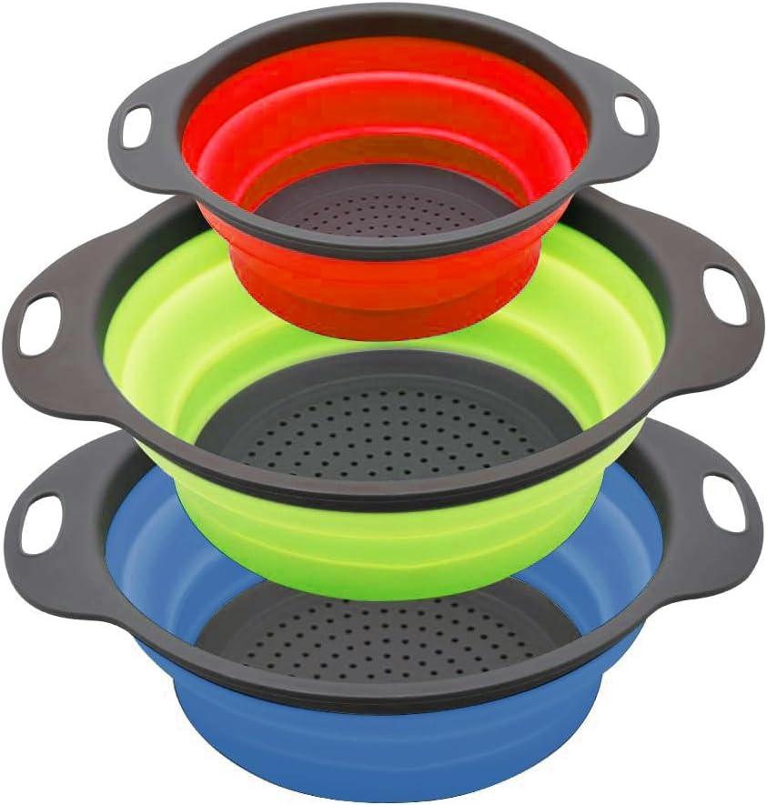 Collapsible Colander/Strainer Set of 3, Silicone Kitchen Strainers with Plastic Handles, 4 Quart & 2 Quart Sink Colander, Perfect for Draining Pasta, Vegetable,Fruits