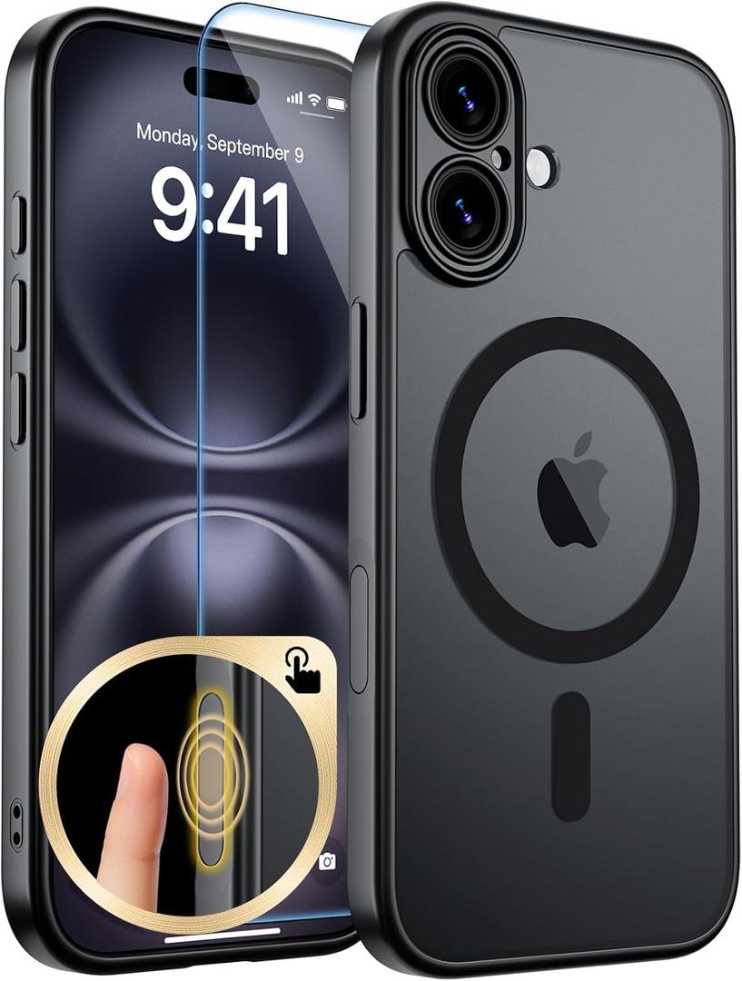 zapica Magnetic for iPhone 16 Case, Upgraded [Camera Control Button] [Full Camera Protection] [with 1 Screen Protector] Translucent Matte Shockproof Protective Phone Cover, Midnight Black