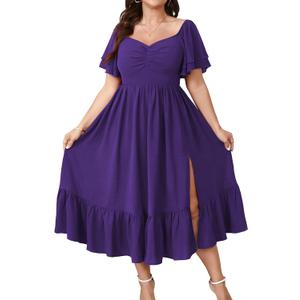 SCOMCHIC Womens Plus Size Wedding Guest Cocktail Dresses Sweetheart Neckline Short Sleeve Smocked Ruffle Slit Maxi Dress (Purple, XXXL)