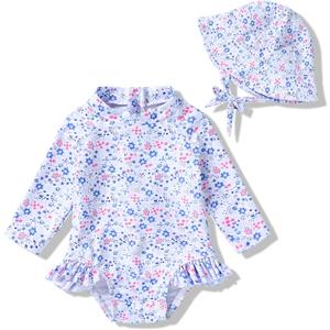 Infant Baby Girl Swimsuit One-Piece Long Sleeve Rash Guard with Hat Set Floral Zipper Bathing Suit Leopard Beach Wear (White, 6-12M)