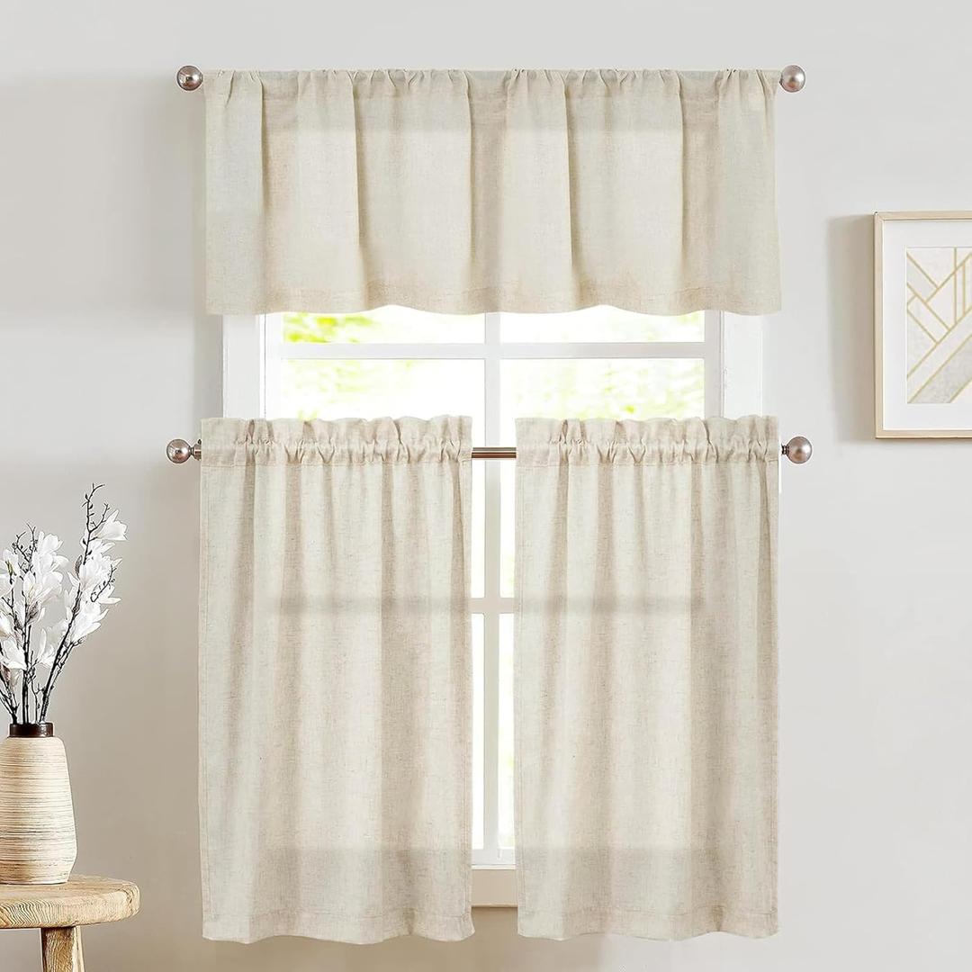 jinchan Beige Linen Kitchen Curtains and Valance Set Tier Curtains 24 Inch Length for Cafe Living Room Bedroom Bathroom Farmhouse Rustic Country Small Drapes 3 Piece Set Rod Pocket Crude (26"W x 24"L (Pack of 3))
