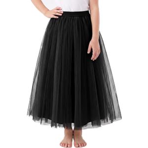 Noomlfish Kids Long Tutu Skirts Flower Girl Tulle Party Maxi Skirt (4-12 Years) (Black)