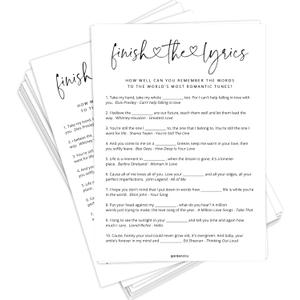 Finish the Lyrics, Bridal Shower Games for 50 Guests, Wedding Shower Games, 50 Cards, Minimalist