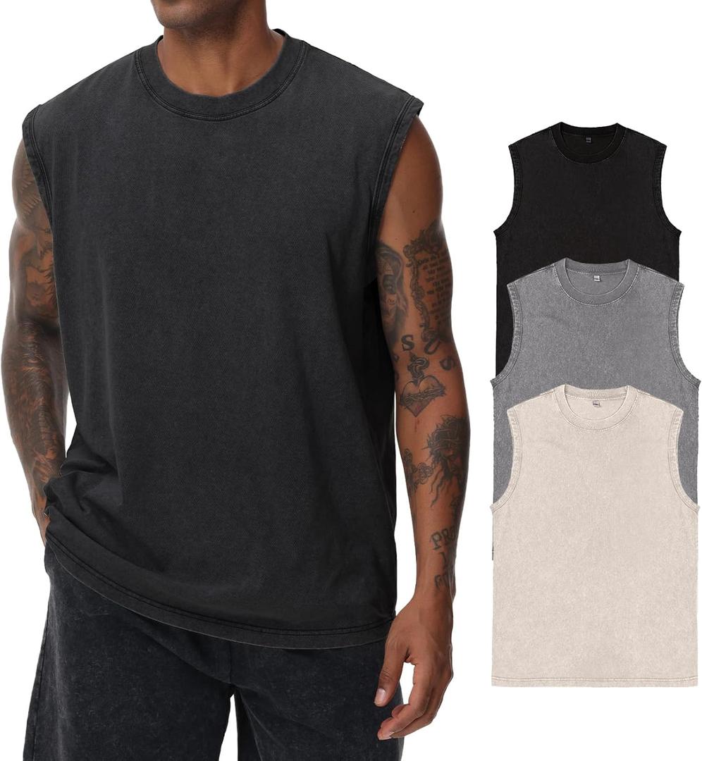 Mens Cotton Sleeveless Tank Tops Cut Off Muscle Gym T Shirts Running Beach Loose Fit Tees (Large, Ivory/Grey/Black)