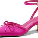 Coutgo Satin Kitten Low Heels with Bow Closed Pointed Toe Short Pumps Dress Wedding Party Shoes, Hot Pink, Size 6.5