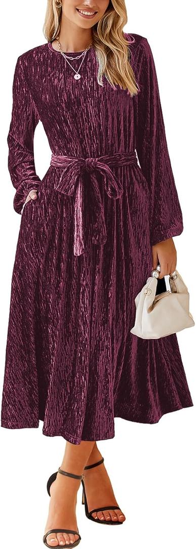 Happy Sailed Women's Velvet Dress Fashion Fall Winter Long Sleeve High Waist A-Line Semi Formal Wedding Guest Dresses (S, Burgundy)