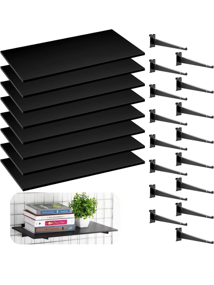 Barydat 8 Pack Gridwall Shelf with Metal Brackets 24 x 12 Inches Wooden Gridwall Shelves Organizer Heavy Duty Grid Wall Accessories for Home Garage Workbench Retail Display