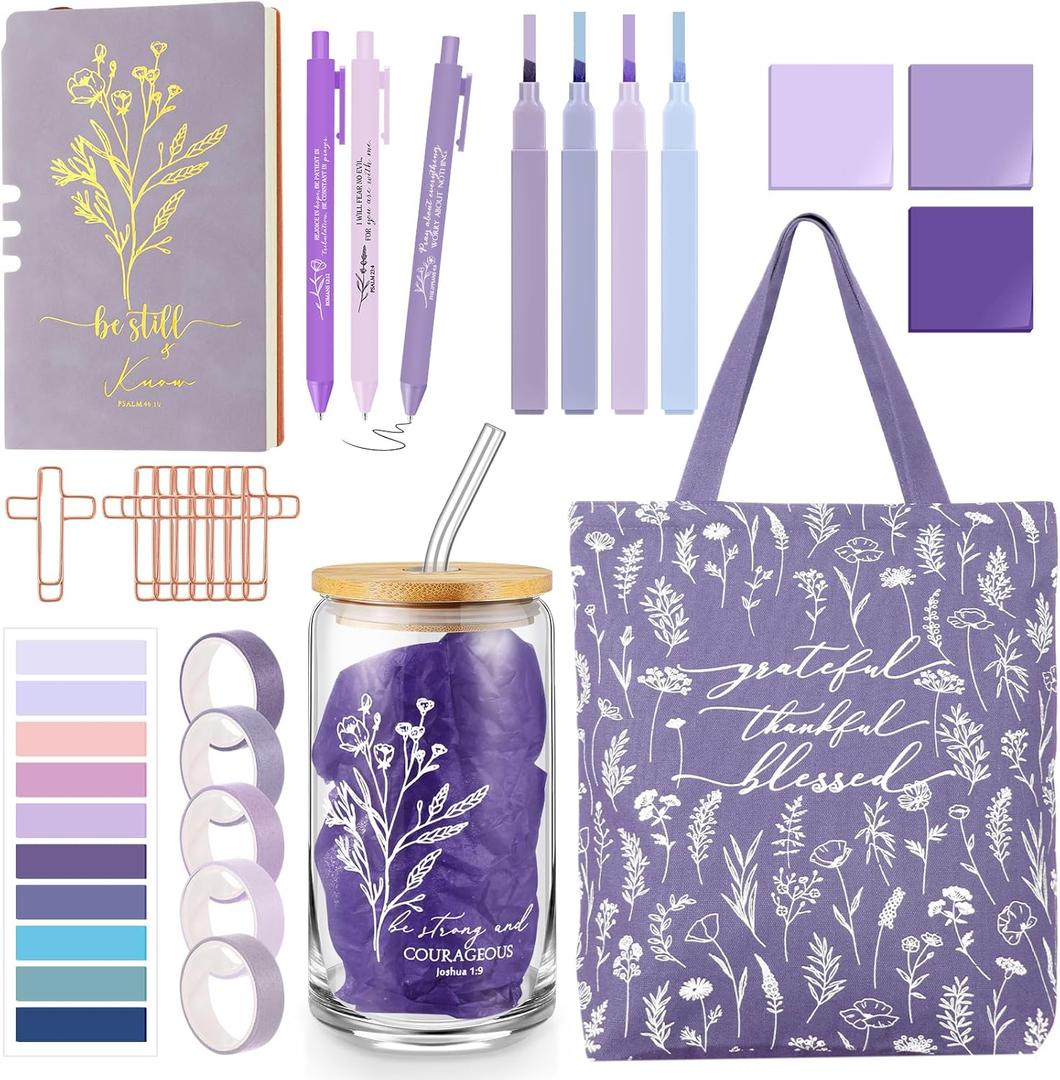 29 Pcs Bible Journaling Kit 16 oz Glass Cup Canvas Bag Leather Notebook Highlighters and Pens Sticky Note Tapes Grandparents Gift Bible Study Supplies for Teacher Women Nurse(Boho, Purple)