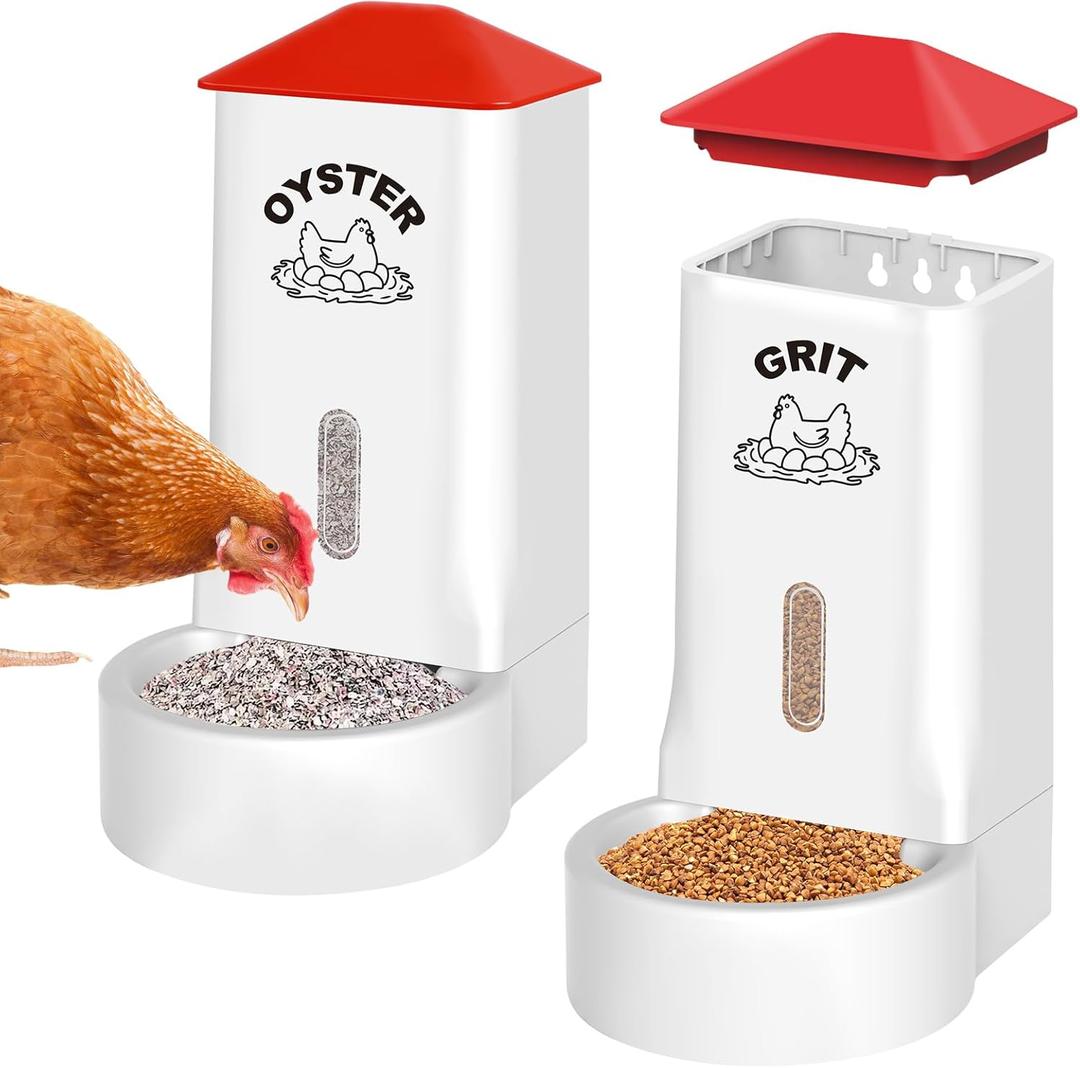 2Pack Oyster Shell and Grit Feeder Combo, PVC Chicken Feeder with Viewing Window/Lid, Hanging Gravity Chicken Grit Feeder, Coop Accessories for Healthier Hens and Eggs