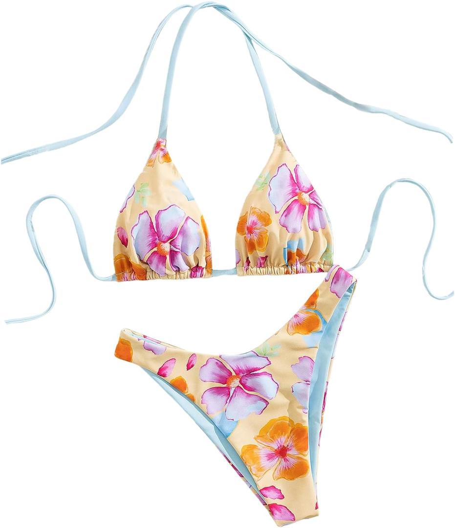 RoseSeek Women's High Waisted Bikini Sets Floral Halter Triangle Two Piece Swimsuits Cheeky Bathing Suit (Multicolor, XS)