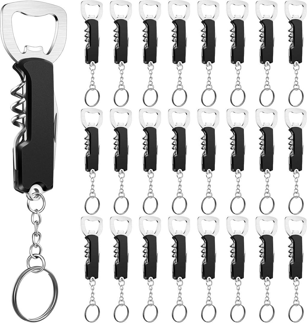 24 Pcs Bottle Opener Keychain Bulk Wine Bottle Beer Opener Keychain 3.27" Stainless Steel Corkscrew Waiter Corkscrew Wine Keyring Gifts for Christmas Bar Party Wedding Home (Black)