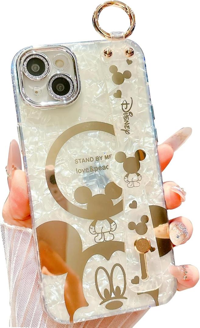 for iPhone 14 Case, Cute Cartoon Mouse Pattern with Wrist Strap Kickstand, Glitter Bling IMD Design, Soft TPU Shockproof Full-Body Protection, for Girls & Women