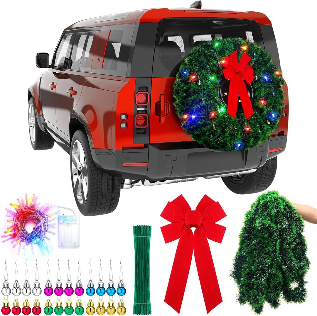 Wavwavw LED Christmas Car Spare Tire Decoration Make Your Own Truck Wreath 196.8 ft Tinsel Garland 24 Pcs Christmas Balls Ornaments Battery Operated Lights Outdoor Festive Accessory(Green)