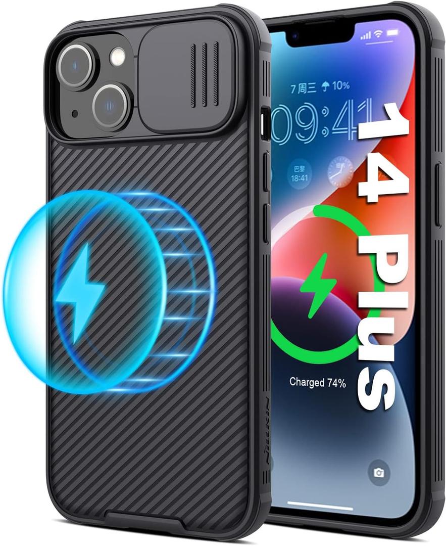 Nillkin iPhone 14 Plus Magnetic Case With Camera Cover, Compatible With MagSafe, CamShield Pro 5G Car Mount Case 6.7'', Built-in Magnet Circle (Black)