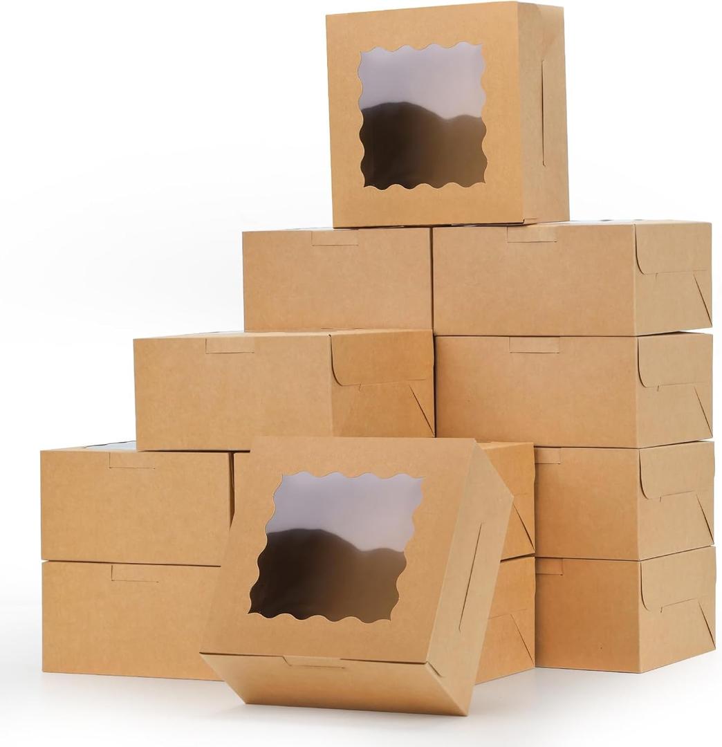 Moretoes 80pcs Brown Bakery Boxes with Window, 6x6x3 Inches Small Cookie Boxes for Treats, Pastries, Chocolate Covered Strawberries, Macarons, Cupcakes, Goodies, Donuts