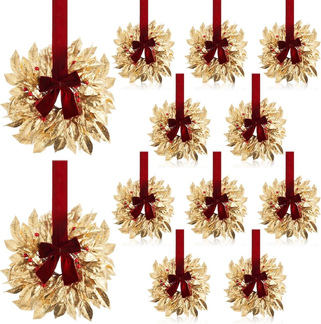 Zeyune 12 Pcs Small Christmas Wreaths for Kitchen Cabinets with Bow Ribbon Mini Cabinet Door Wreath Set Hanging Christmas Decor for Kitchen Window Outdoor Indoor, 14.96 x 7.87'' (Gold Eucalyptus)