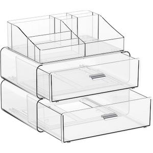 Yieach 3 Tier Clear Acrylic Makeup Organizers with 2 Drawers, Desktop Tiered Makeup Holder and Make up Organizers for Counter, Vanity, Bathroom and Dresser, Plastic Make up Stand for Beauty, Brush, Skincare