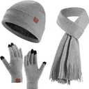 Women's Winter Beanie Hat Scarf Gloves Set, Warm Fleece Interior Knit Hat with Long Scarf Touchscreen Gloves 3 in 1 Set