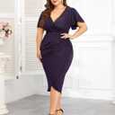ZOMVA Plus Size 0X-4X Sparkly Glitter Ruched Bodycon Midi Dress Sparkle Sequin Wrap Ruffle Sleeve Dress Cocktail Party Formal, 3X