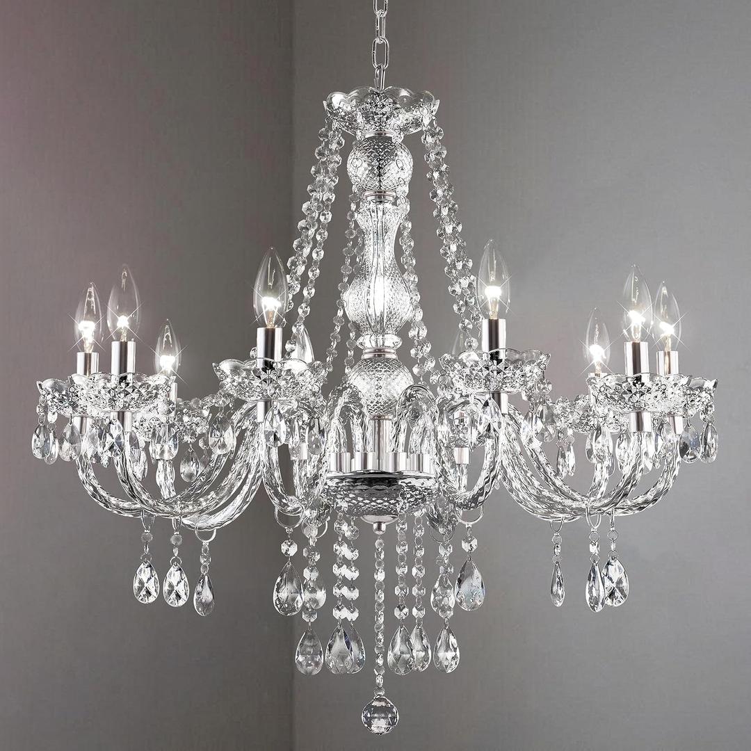 PAPAYA Crystal Chandeliers Clear Chandelier 25 * 27.5in 10-Light Modern Pendant Ceiling Lighting Fixture with Acrylic Crystals & Beads for Girls Room,Living Room,Kitchen Island,Entryway