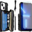 MONASAY Zipper Wallet Case Fit for iPhone 13,[Glass Screen Protector ][RFID Blocking] Flip Leather Handbag Phone Cover with Card Holder and Detachable Crossbody Shoulder Lanyard Strap, Black