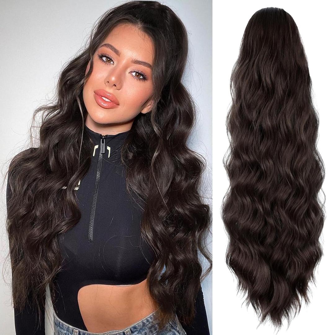 FREEMEIGE Ponytail Extension, 26 Inch Long Wavy Drawstring Ponytail for Women Dark Brown Pony Tail Hair Extension Synthetic Ponytail Hairpiece for Daily Use