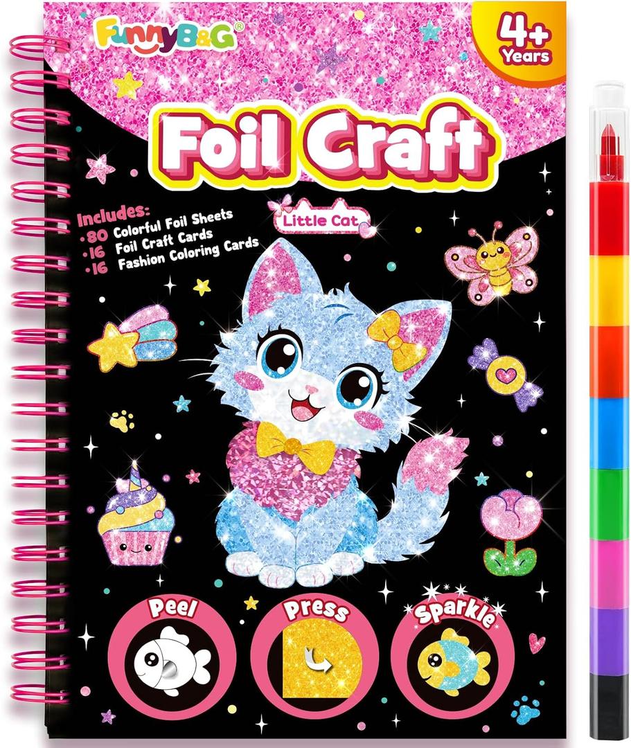 FUNNYB&G Foil Art Craft Kit for Kids, Sparkly Birthday Gift Toy for Girls | No Mess, Kids Ages 4-10 Create Sparkling Artwork, A Creative Gift for Birthdays, Holidays, Travel Activities,Screen-Free Fun