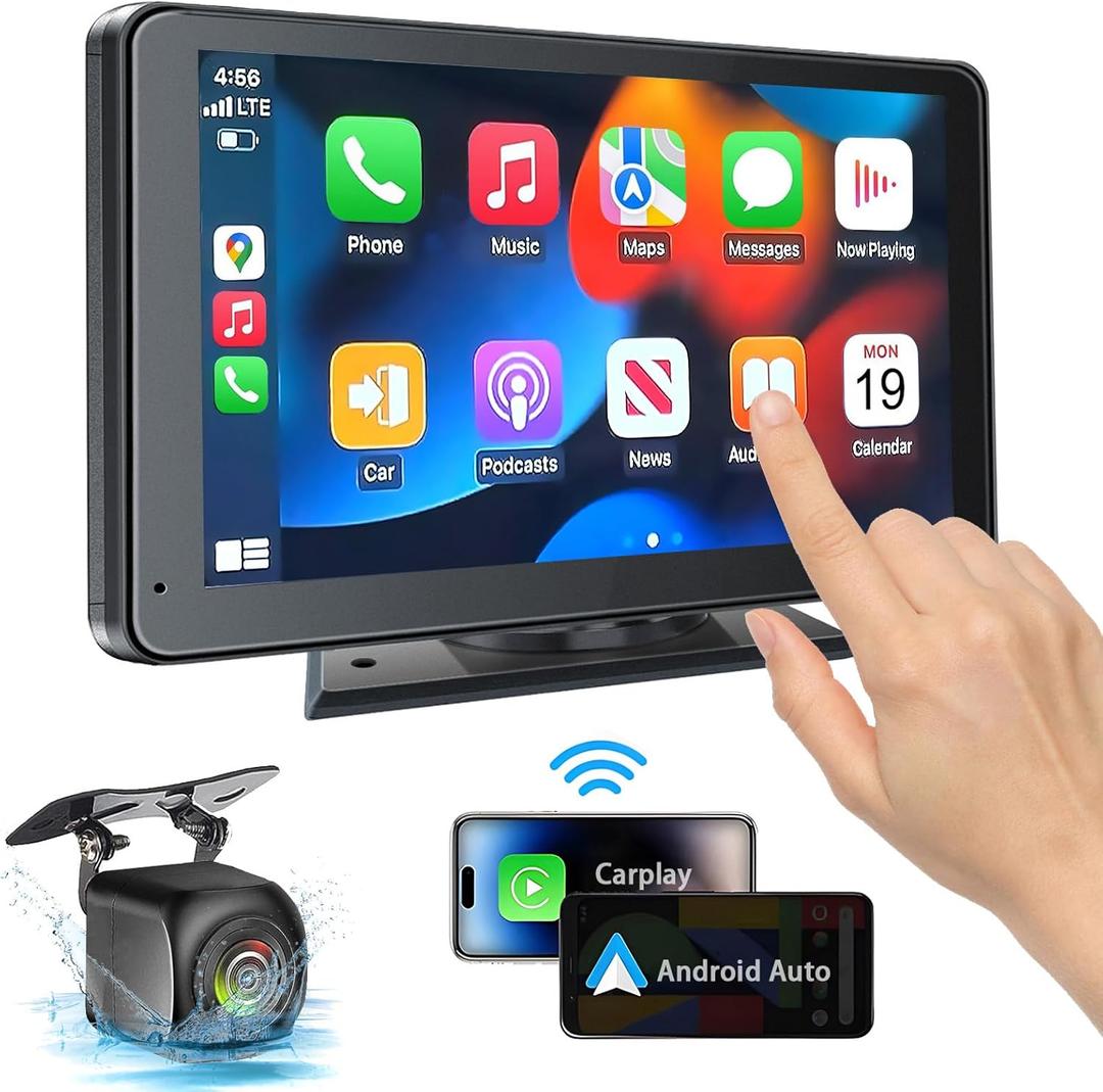 Portable Wireless with Apple CarPlay and Android Auto Screen for Car, 7" HD Touch Screen Car Stereo with Mirror Link, Bluetooth 5.2, Backup Camera, AUX,FM Transmitter for All Vehicle
