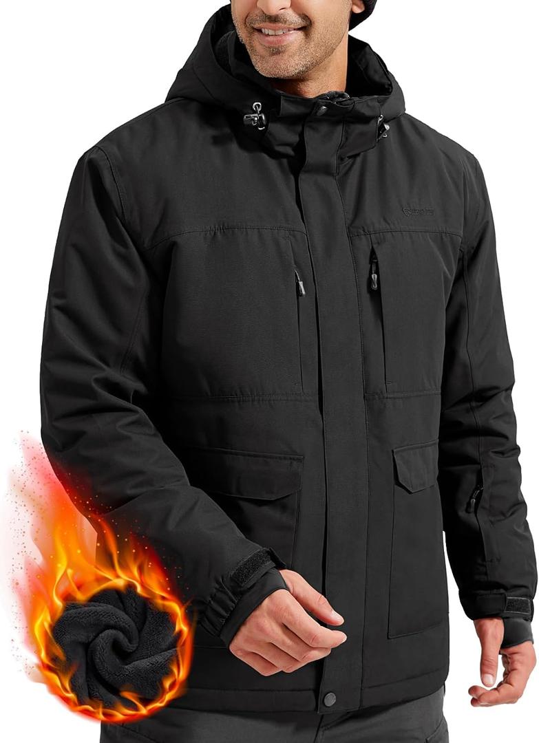 FREE SOLDIER Men's Waterproof Ski Jacket Fleece Lined Warm Winter Snow Coat with Hood Fully Taped Seams (Black, 3XL)