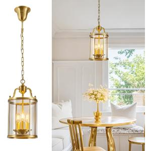 LMQNINE Antique Brass Pendant Lights Kitchen Island Gold 3 Light Chandelier 7.87 in Brass Solder Glass Pendant Light Bedroom Dining Room Entryway Vintage Light Fixture 1 Pack