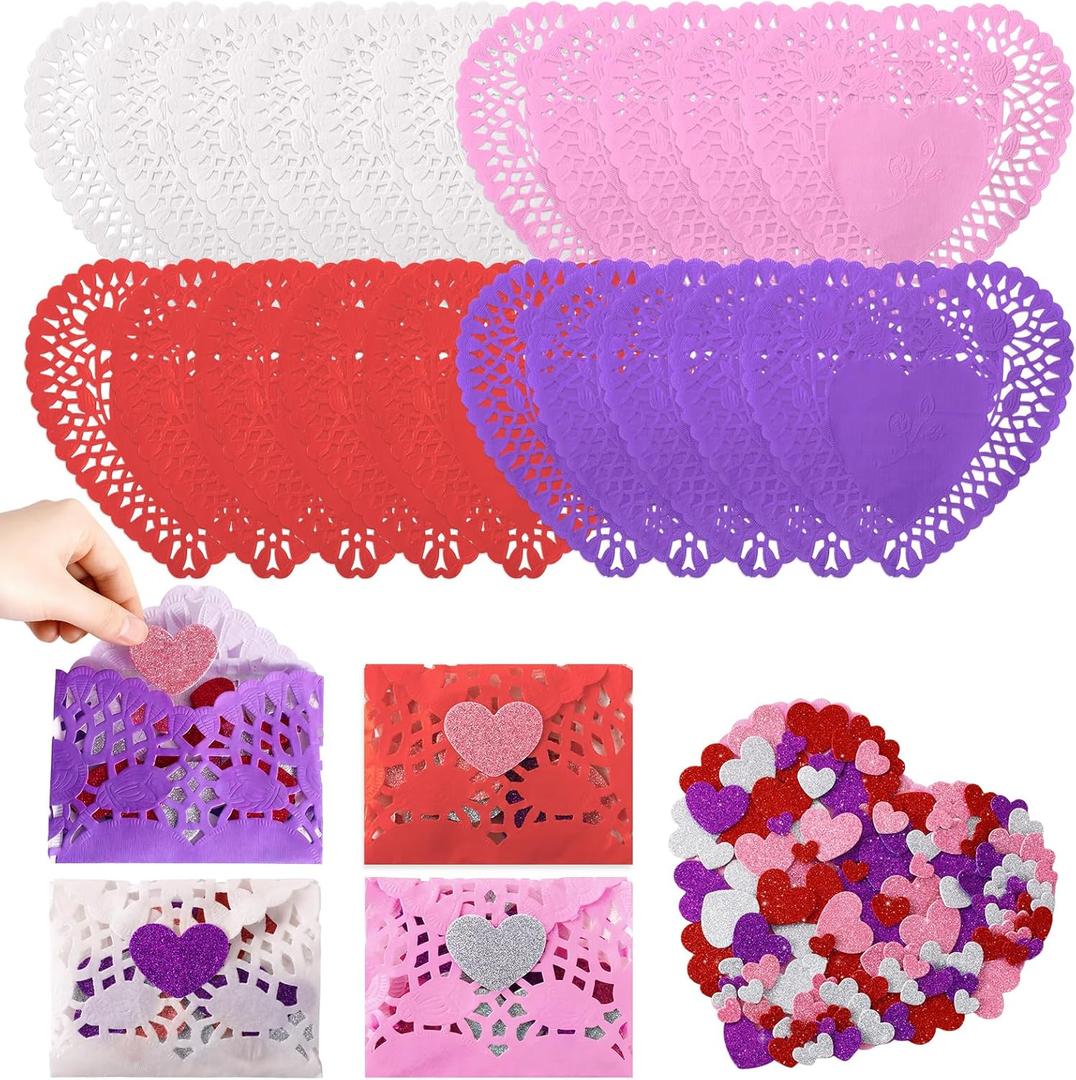 300PcsCraft Gift Heart Paper Doilies Sets Including 100 * 10 Inch Valentine Lace Paper Heart Doilies, 200 Glitter Heart Shaped Stickers for Mother's Day Wedding Cakes Desserts Food Decor
