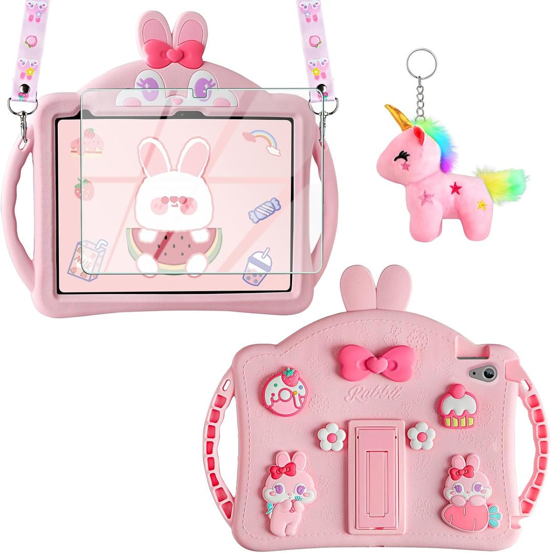 WESADN for iPad 10th Generation Case 10.9 Inch 2022 Kids Girls for iPad A16 Case 11th Gen 11 Inch 2025 with Screen Protector Shoulder Strap Kickstand Keychain Cute Rabbit Silicone Tablet Cover,Pink