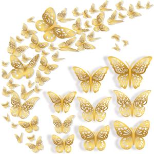 72 Pcs Butterfly Wall Decor, 3 Styles 3 Sizes 3D Gold Butterfly, Wedding Decorations, Birthday Party Decorations, Girls Bedroom Decoration(72 Pcs, Gold)