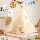 Teepee Tent for Kids Star Lights, Flags,53''x47''x55''Kids Play Tent,Children Play Tent Indoor Outdoor,Gifts Playhouse for Kids,Toddler Teepee Tent Beige Neutral Color (Beige-Mat Include)