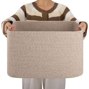 OIAHOMY Cotton Rope Basket, Rectangle Woven Nursery Blanket Basket, Toy Storage Basket with Handle, Baskets for Organizing, 18”x14”x12”, Brown variegated