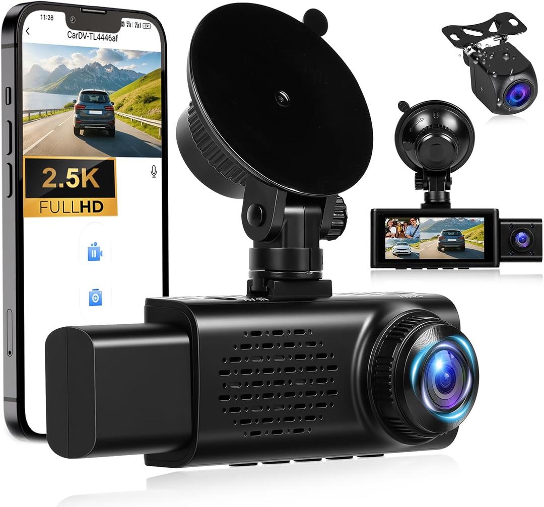 3 Channel 2.5K Dash Cam with WiFi & APP Control, 2.5K+1080P+1080P Front Inside and Rear, Triple Dash Camera with G-Sensor, 24 Hours Parking Mode, Loop Recording, Night Vision