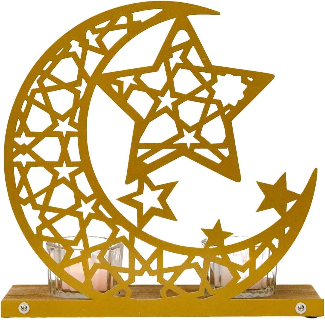 Gold Ramadan Decorations for Home, Star and Crescent Moon Silhouette Tealight Candle Holder with 2 Glass Votives, Wooden Tray Eid Mubarak Table Decor Centerpiece, Islamic Ramadan Kareem Gifts